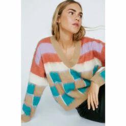 NastyGal Check Print V-Neck Knitted Sweater For Female