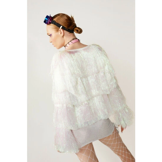 NastyGal Petite Tinsel Fringe Detail Tiered Jacket For Female - Image 4