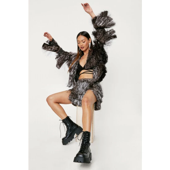 NastyGal Petite Tinsel Fringe Detail Tiered Jacket For Female - Image 6