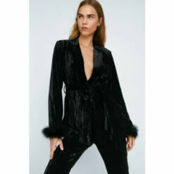 NastyGal Premium Velvet Feather Cuff Tie Waist Blazer For Female