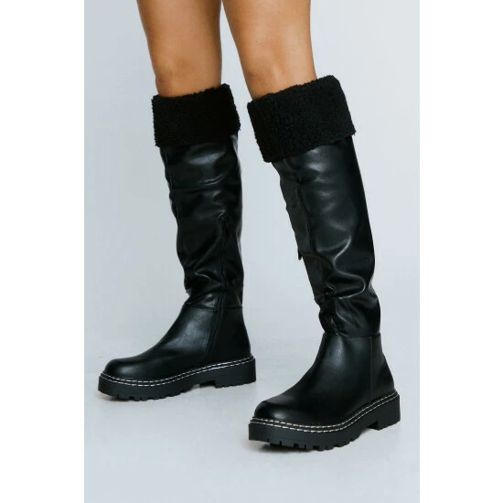 NastyGal Faux Sheering Contrast Stitch Knee High Boots For Female - Image 2