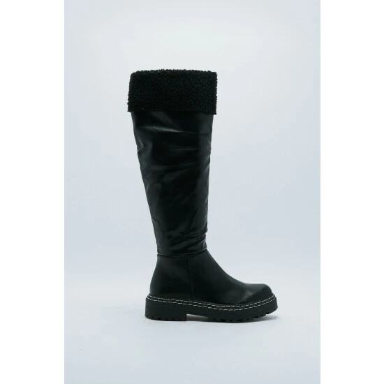 NastyGal Faux Sheering Contrast Stitch Knee High Boots For Female - Image 3