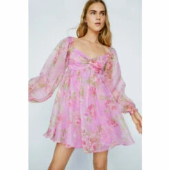 NastyGal Floral Print Organza Bardot Mini Dress For Female