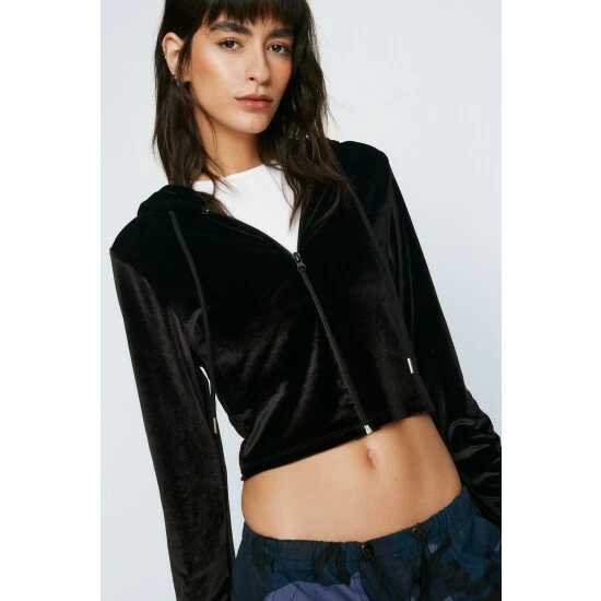 NastyGal Premium Velour Cropped Zip Up Hoodie For Female - Image 3