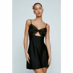 NastyGal Petite Lace Detail Satin Mini Dress For Female